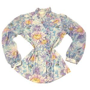 Vintage 70s 80s Blue Floral Ruffle Blouse Boho Fariycore Cottagecore Retro (T6)